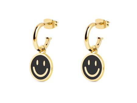 Smiley Black Enamel Gold Hoop Earrings Fashion