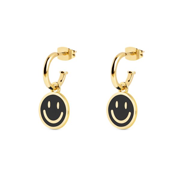 Smiley Black Enamel Gold Hoop Earrings Fashion