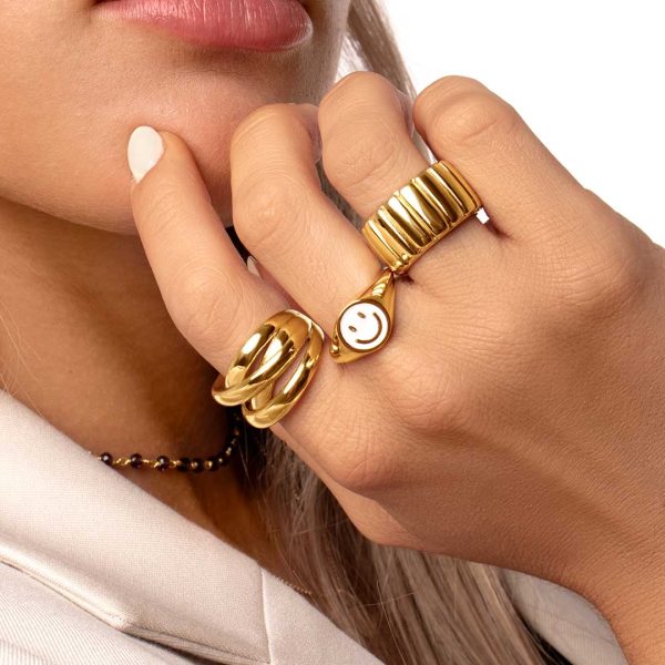 Smiley White Enamel Gold Ring Discount