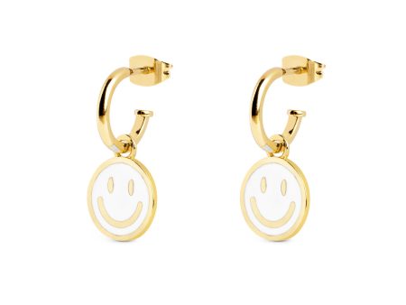 Smiley White Enamel Gold Hoop Earrings For Sale