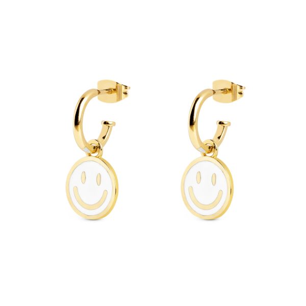 Smiley White Enamel Gold Hoop Earrings For Sale