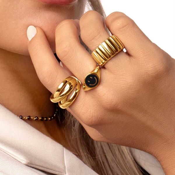 Smiley Black Enamel Gold Ring For Cheap