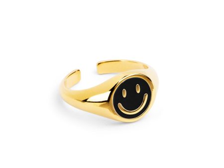 Smiley Black Enamel Gold Ring For Cheap