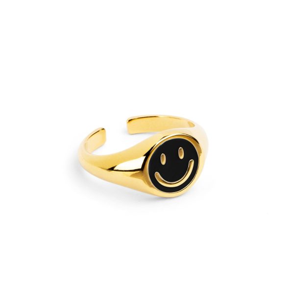 Smiley Black Enamel Gold Ring For Cheap